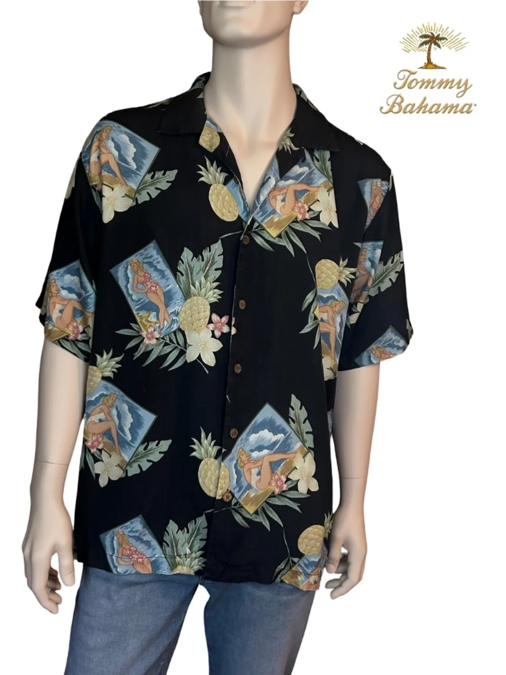 Tommy Bahama Shirt Pinup Girl Pattern 100% Silk Floral Tiki Hawaiian Made Hawaii - Picture 10 of 12